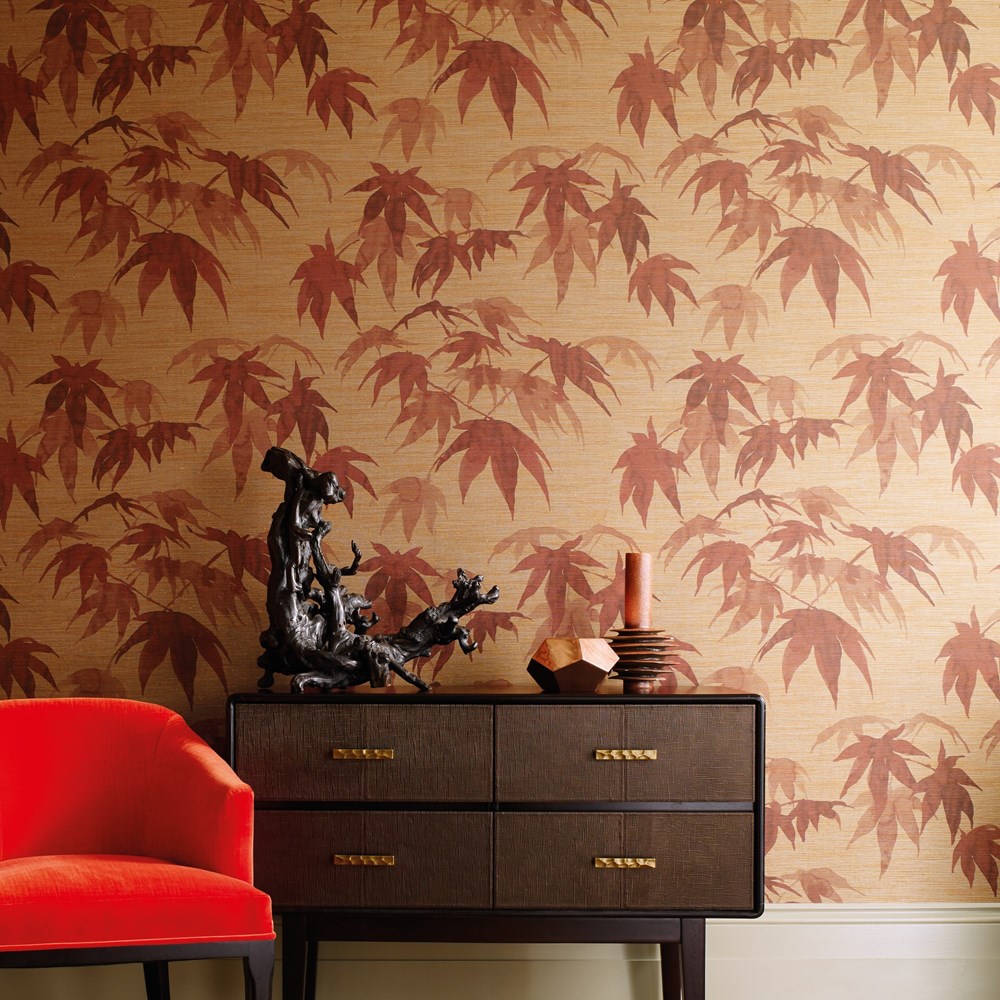 Acer Leaf Wallpaper 312496 by Zoffany in Red Wood Teal Blue